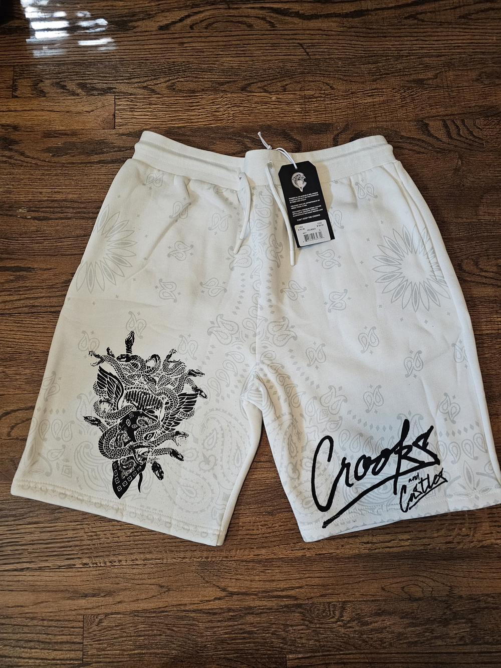 Crooks & Castles White Shorts with Black Script Logo